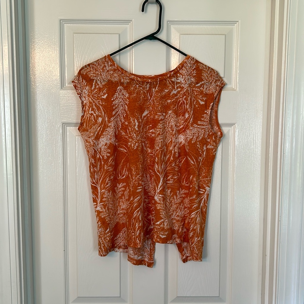Women’s Tahari Cap Sleeve Linen Top Orange Floral Print Size M Button Back